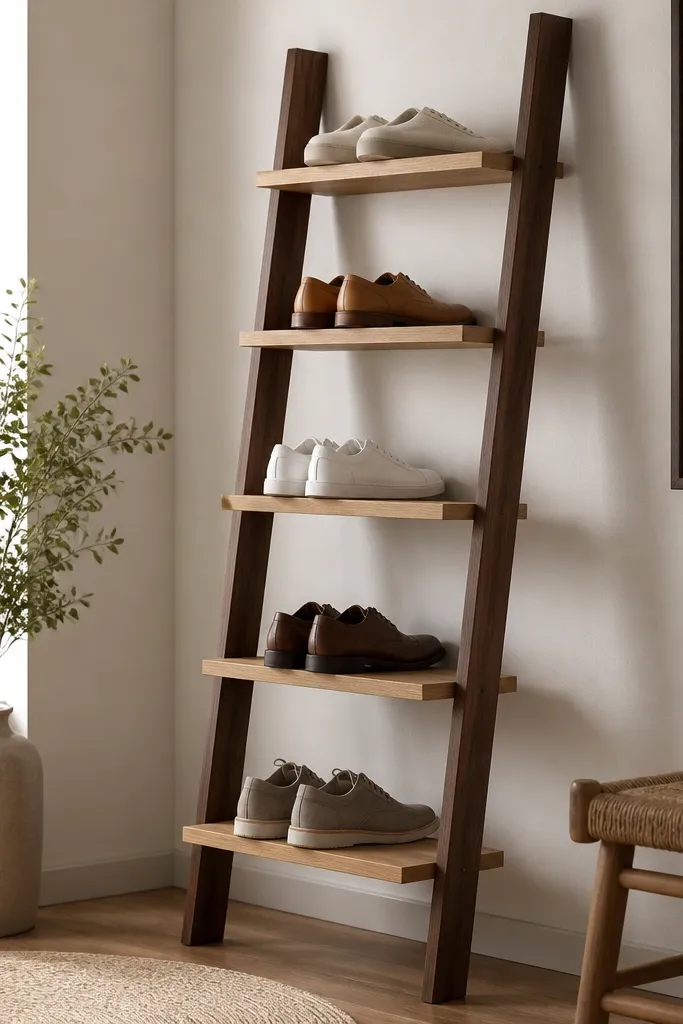 A leaning wooden ladder rack against the wall. Horizontal tiers are attached at intervals, each holding a few shoes. The sides are stained dark walnut and the tiers are lighter, creating contrast.