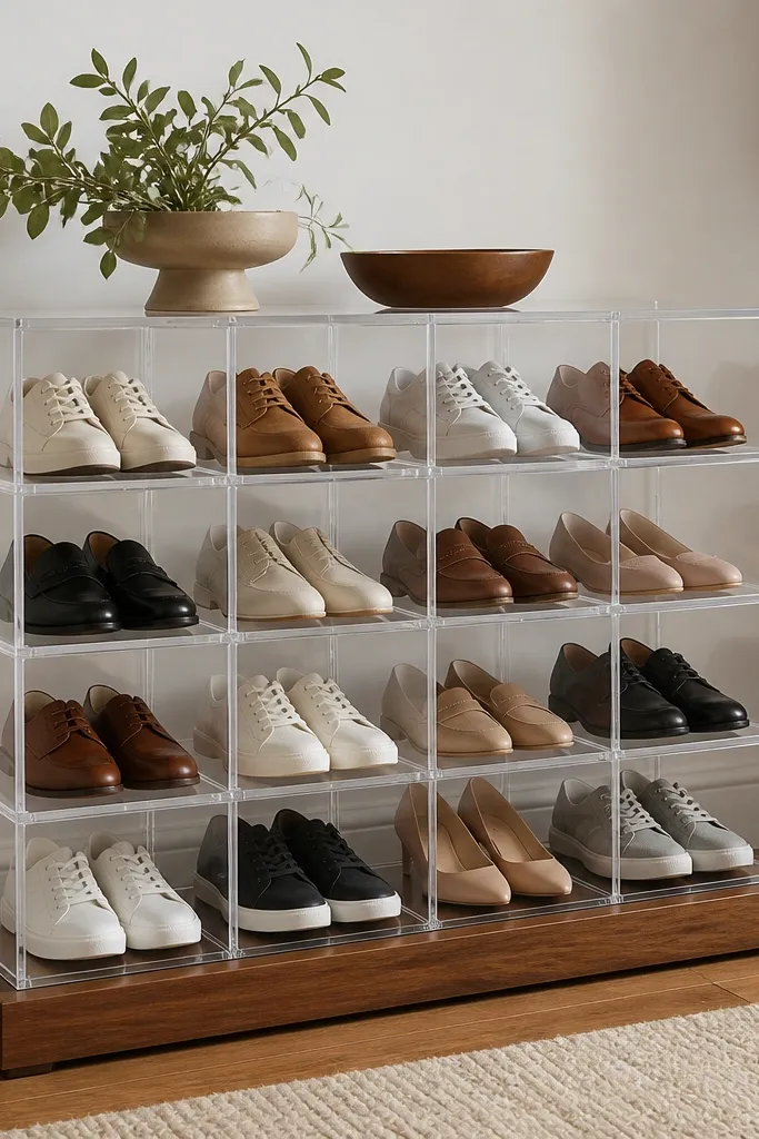 A clear acrylic shoe rack sits on a stained wood base. The cubbies are transparent with visible separators, and the shoes inside look neatly aligned. The base is warm wood with a simple rectangular outline.