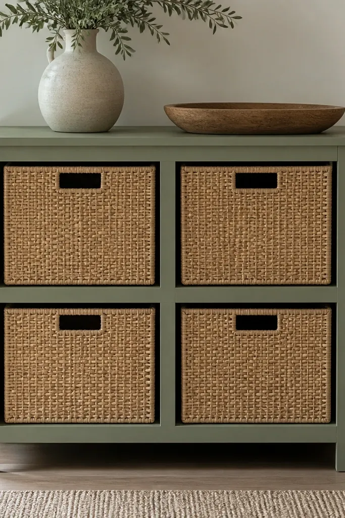 A wood frame with 4 compartments holds woven baskets. Each basket has a front handle and sits slightly recessed. The frame is painted muted sage green and the baskets are natural tan.