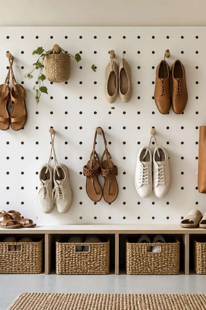 A white pegboard wall panel holds multiple wooden hooks. Below the hooks is a small ledge shelf and a row of baskets. Shoes hang by heels or rest on the ledge, with straps visible.