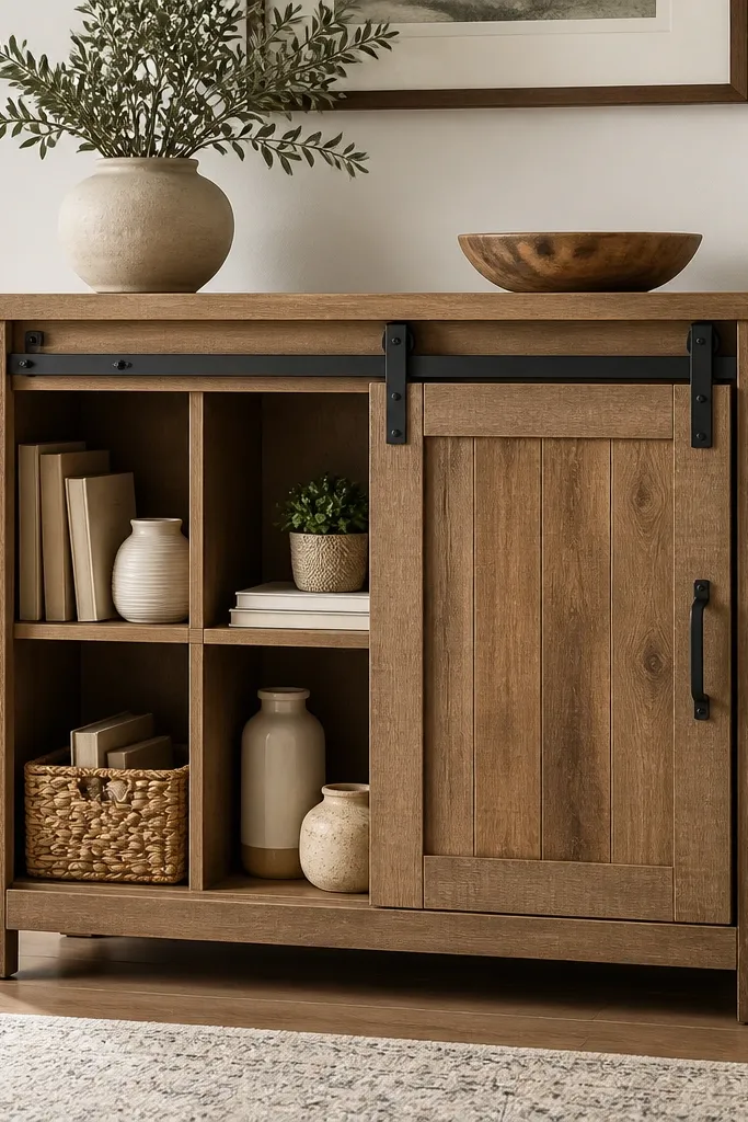 A small cabinet with a sliding barn-style door made from wood. The door is open to reveal cubbies inside. Black hardware and a simple handle sit on the right side.