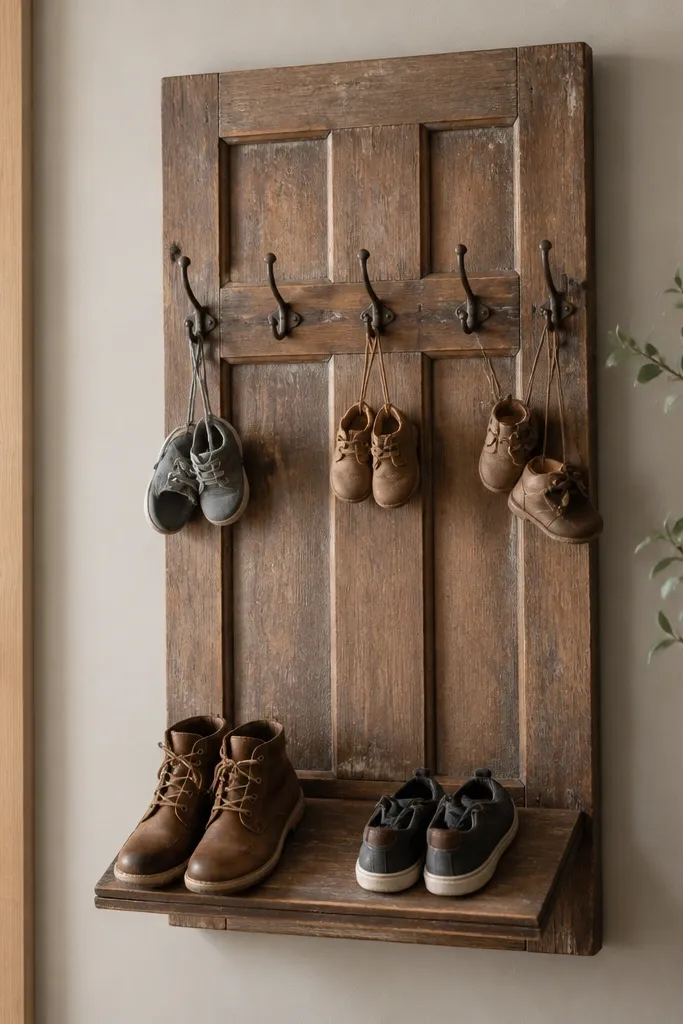 An old wooden door panel mounted vertically. It has a small angled shelf near the bottom and several hooks along the middle. Shoes sit on the angled shelf while smaller pairs hang from hooks.