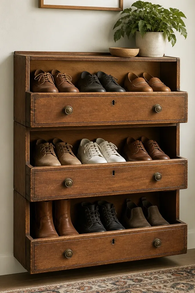 A wall-mounted or freestanding rack made from three old dresser drawers stacked. The drawer fronts are kept, but the bottoms are removed, turning them into open compartments. Each drawer has a small back panel to stop shoes from falling behind.