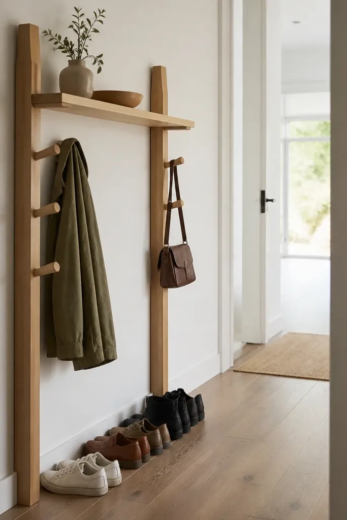 A slim rack made from two vertical boards with a series of pegs. A single shelf spans the top, and shoes sit below in a row. The design is narrow and leaves a clear path through the hallway.