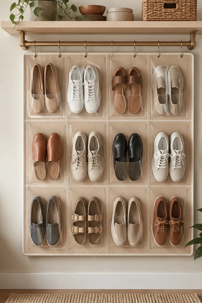 A curtain-rod frame mounted under a small shelf. Clear hanging pockets hold shoes, while a rigid plywood base panel sits behind to prevent sagging. The setup looks like a neat wall organizer rather than a floppy net.
