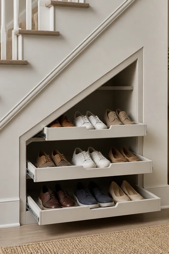 A built-in under-stair area turned into a shoe rack. The front has three removable trays that slide out, each with a shallow lip. The walls are painted the same color as the stair, and the interior has simple dividers.