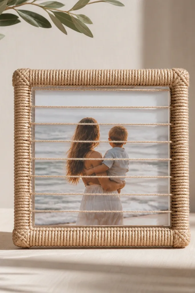 A small square frame (about 5x5 inches) wrapped in beige twine. The corners have tight knots and the twine lines sit evenly across the front, with a clear plastic sleeve holding a square photo.