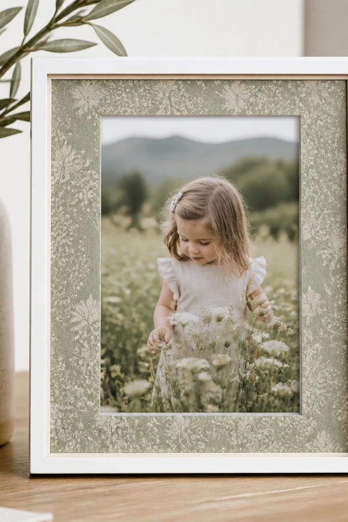 A 4x6 frame with a layered look. The cardboard front has a decorative scrapbook paper mat border in muted sage, and the photo sits behind a clear sleeve. The outer edge is painted white for contrast.