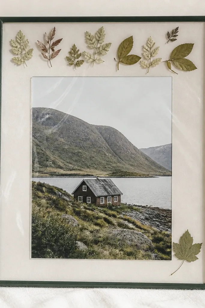 A rectangular frame with a dark green outline drawn around the window. Small pressed leaves are arranged along the top edge and one leaf sits near the lower right. The photo is protected behind a clear plastic cover.