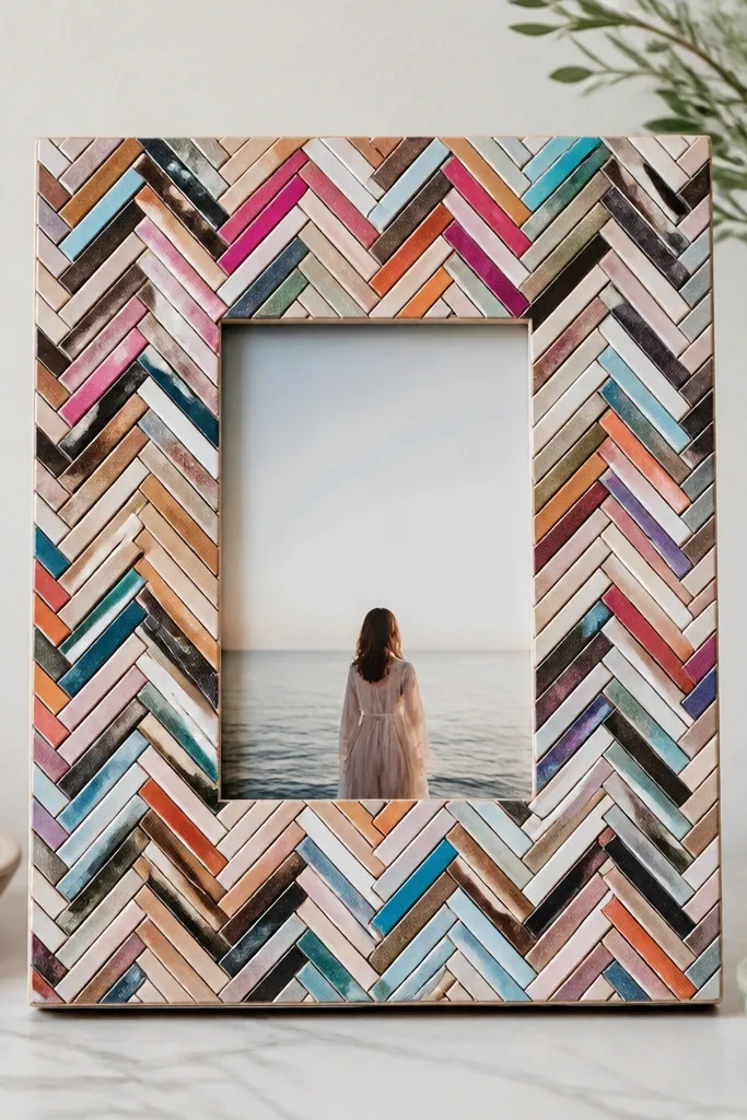 A frame covered with small magazine strips arranged in a chevron pattern. The photo window is centered and clean, and the magazine colors create a zigzag effect across the front.