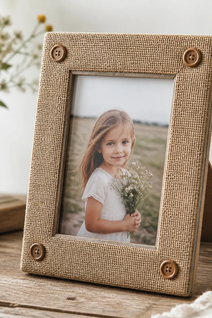 A rustic frame where burlap covers the outer border. Four small buttons sit at the corners, and the photo window is centered with a clear plastic cover. The frame back folds into a stand.