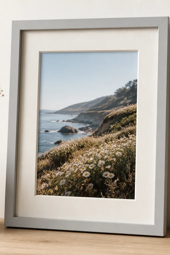 A framed photo with depth. The cardboard front has a window, and a thin foam sheet layer sits behind the photo, creating a slight shadow. The outer frame is painted light gray and has a simple hanging loop on the back.