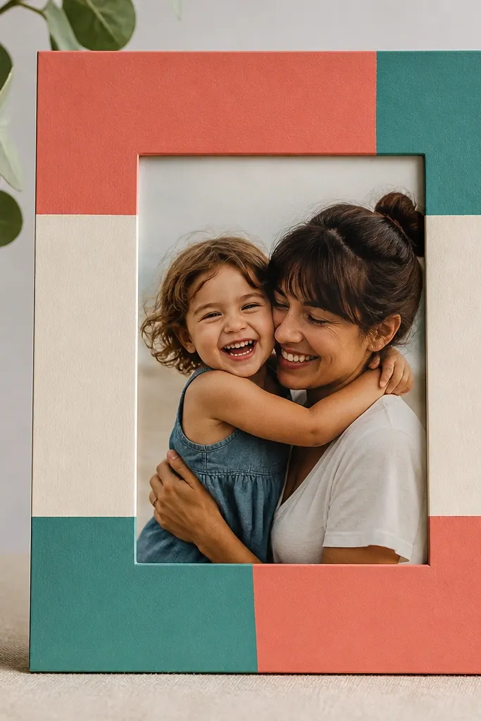 A rectangular frame with clean painter's tape stripes on the outer border. The tape creates sharp blocks of coral, teal, and cream paint. The photo window stays crisp and unpainted, with acetate behind it.