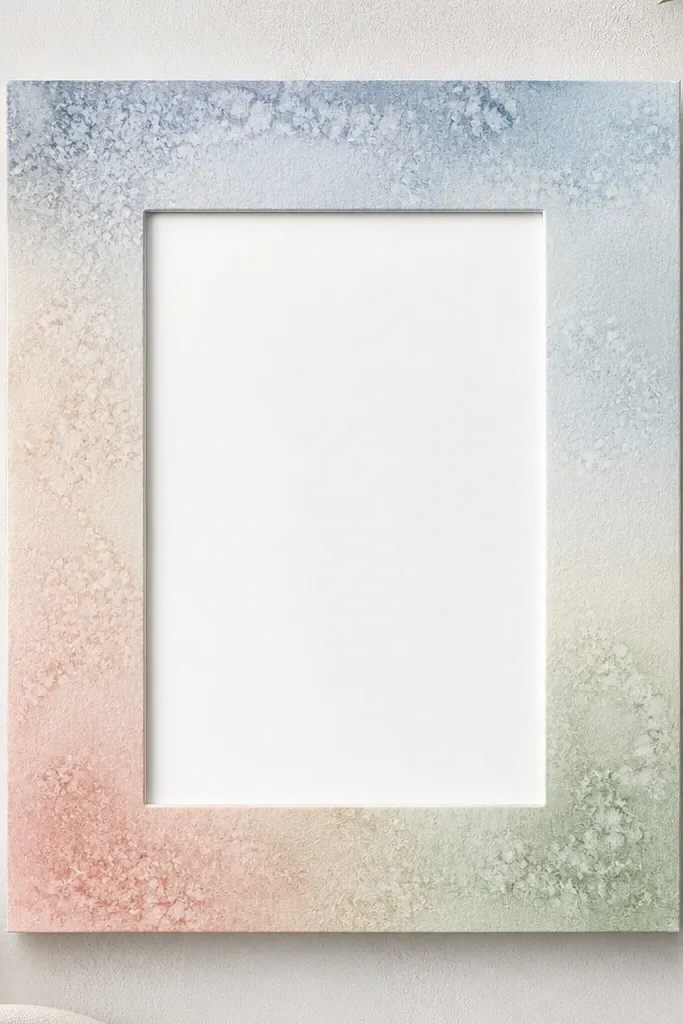 A frame painted with watercolor washes. The outer border has a soft gradient, and there are small salt crystals dried into speckled texture. The photo window is white and clean with acetate behind.