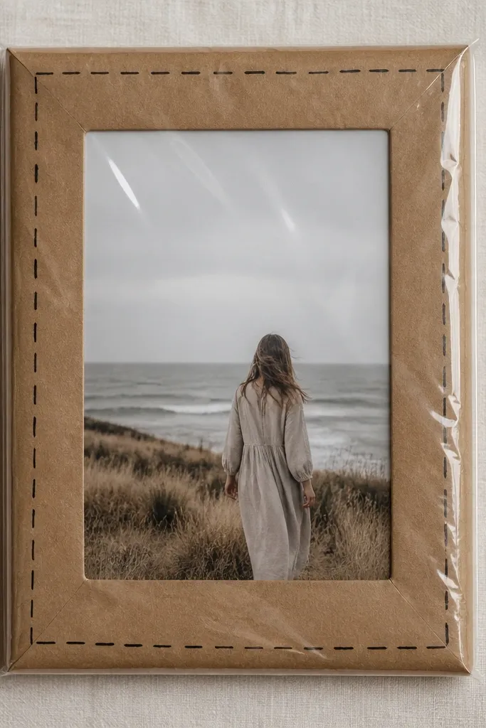 A frame wrapped in kraft paper. Along the border, there's a drawn "stitched" pattern in black marker. The photo sits behind clear plastic, and the outer edge looks like a packaged gift.