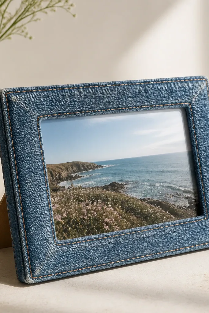 A rectangular frame with a denim fabric border. The denim has visible stitching and a slightly faded wash. The photo window is centered and covered by a clear plastic sheet, with a simple cardboard stand on the back.