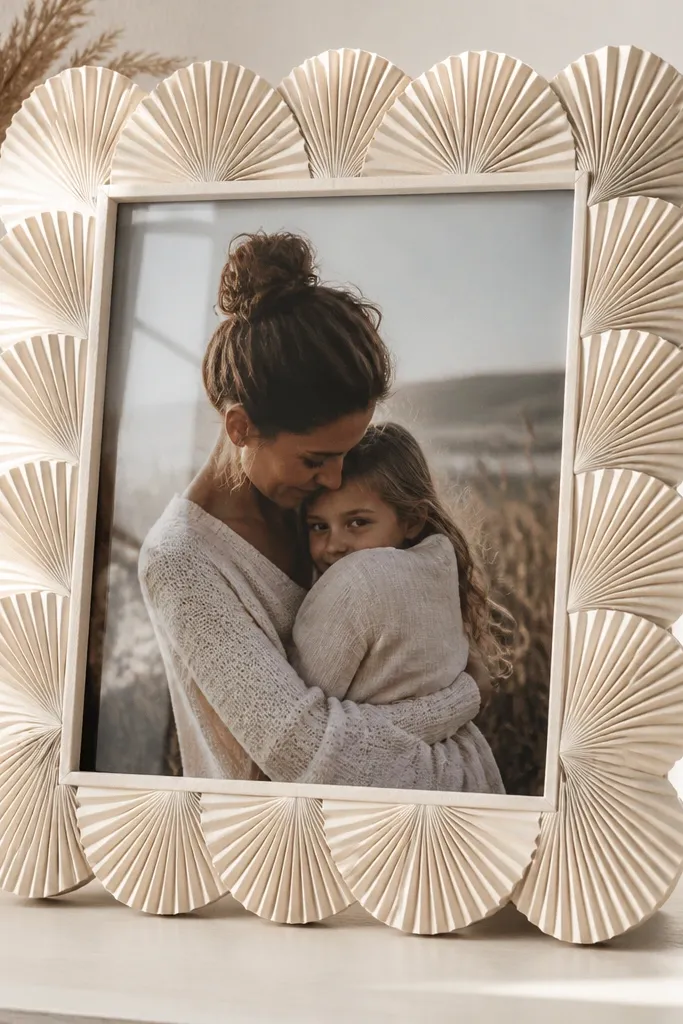 A frame with a border made from folded paper fans. Each fan sticks out slightly around the outer edge, creating a 3D scalloped look. The photo sits in the center behind a clear sleeve.