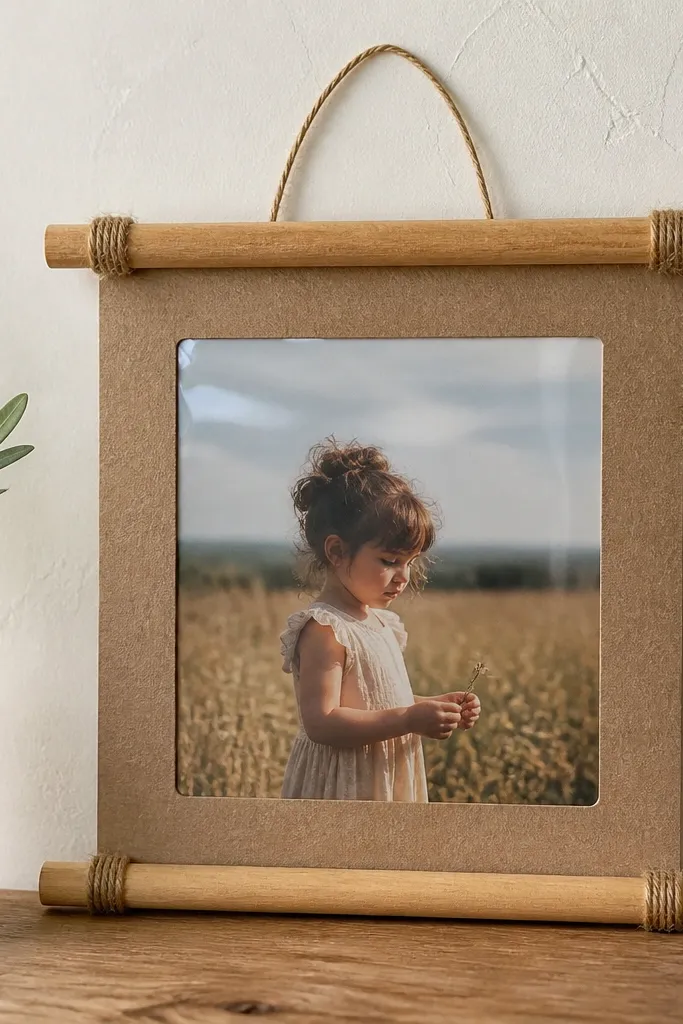 A frame where two small wooden dowels run horizontally across the top and bottom edges, secured to cardboard with twine. The window shows a photo behind clear plastic, and the back has a twine loop for hanging.
