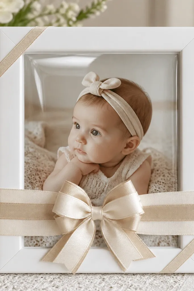 A frame with a centered ribbon bow on the front and two small ribbon tabs at the corners. The outer border is painted white, and the photo is protected behind a clear sleeve. The bow looks layered with two ribbon widths.