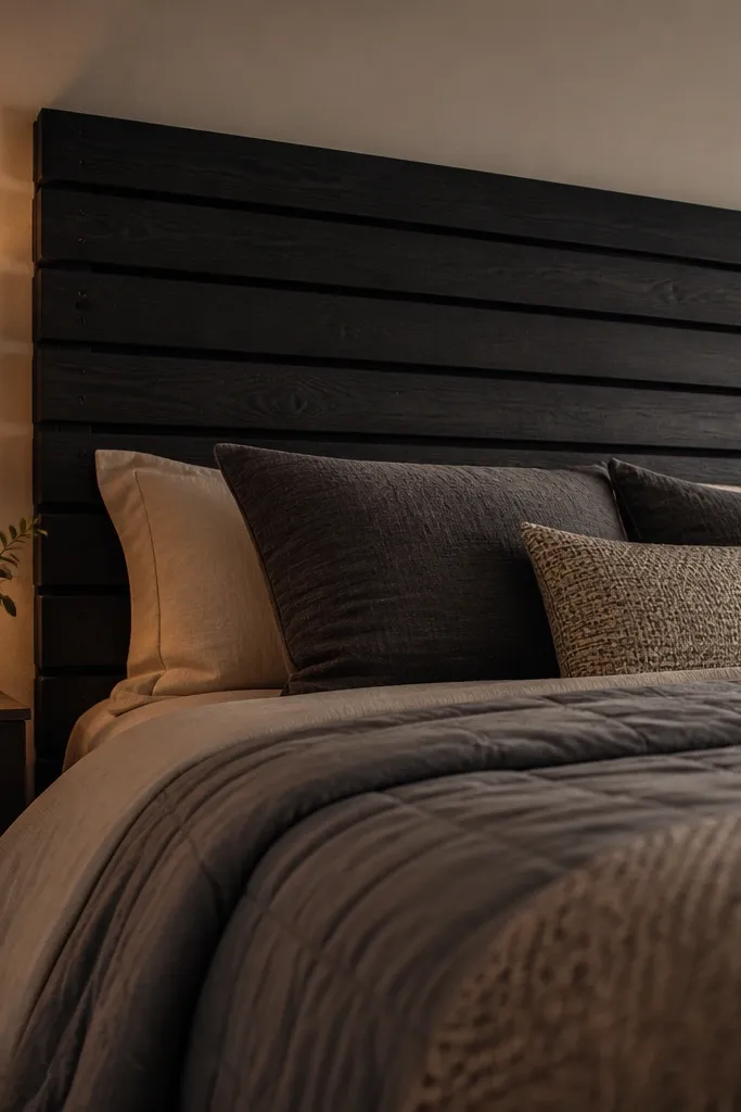 Wood slat headboard with dark stain and clean straight lines