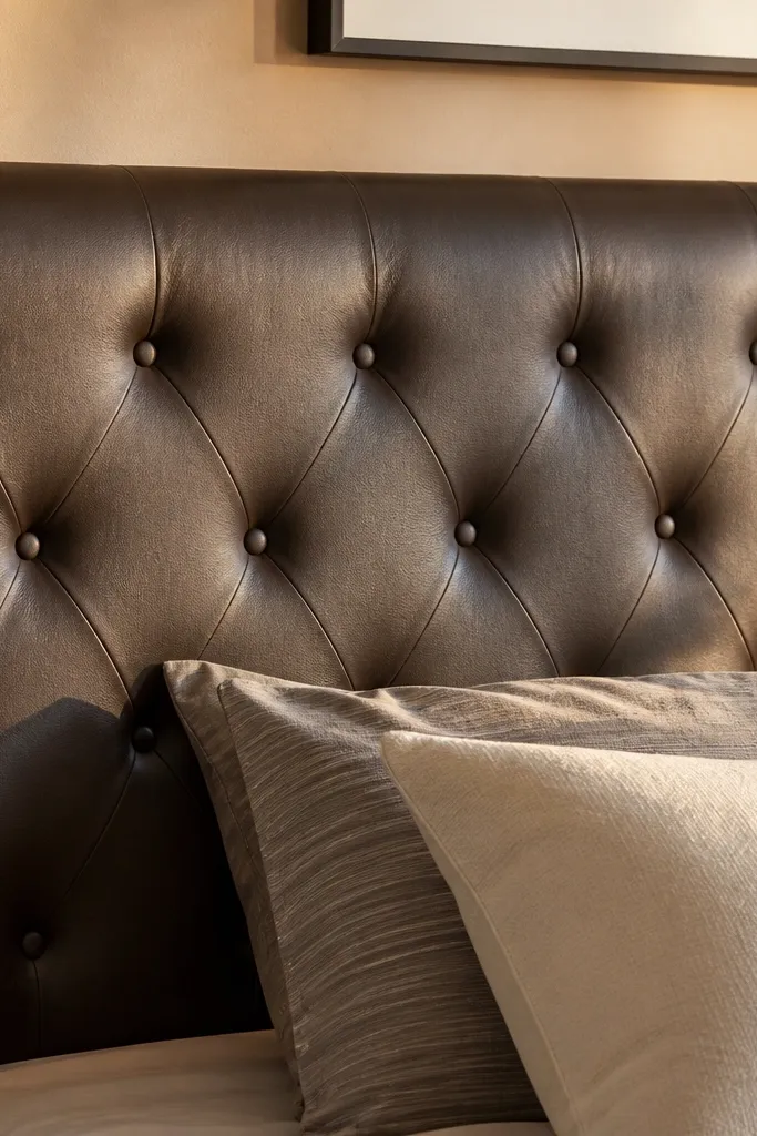 Dark faux leather headboard with simple buttoned dimples