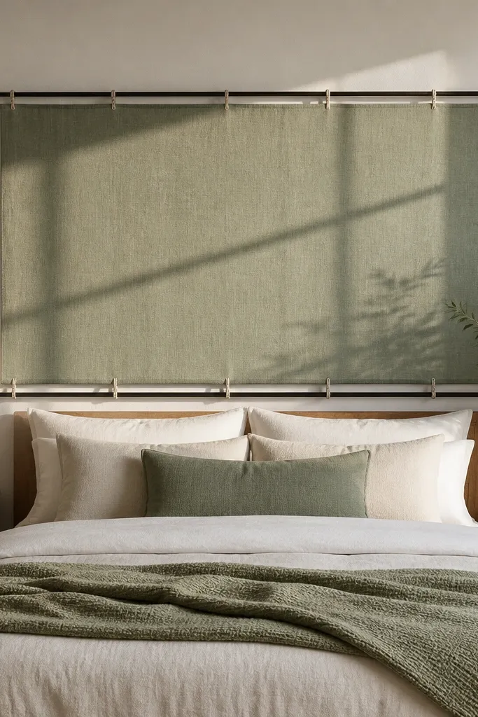 Fabric panel held taut with tension rods above a bed