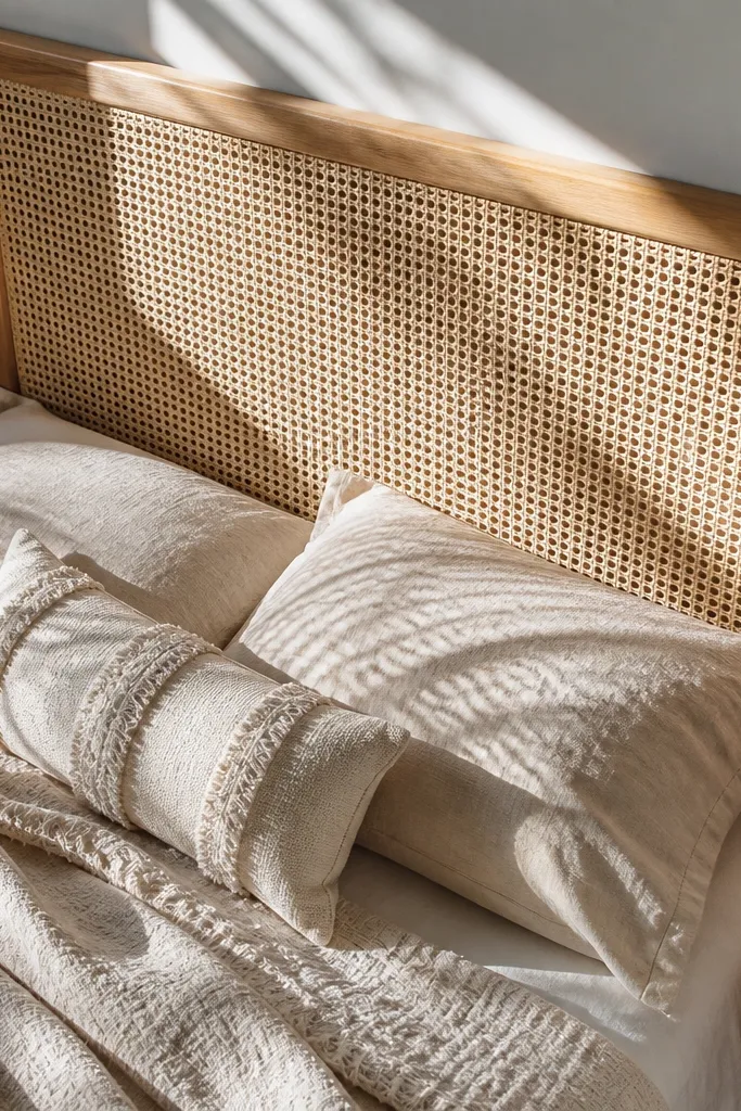 Woven rattan headboard panel on a light wood frame