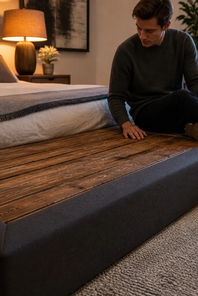 Dark stained wood headboard with slightly rounded top edge