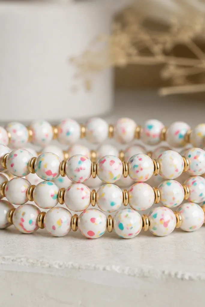 A photo of a stack of three bracelets. Each one has small round clay beads with bright confetti dots in pink, teal, and yellow on a white base. Between some beads are tiny gold-colored metal caps. The beads are strung on nearly invisible clear elastic, and the stack shows a clean, tidy pattern repeat.