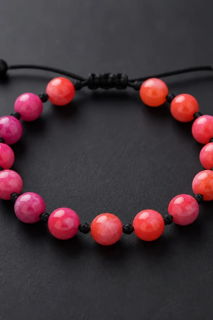 A single bracelet laid flat against a dark background. The beads are smooth, rounded marbled spheres in gradients of hot pink and orange with faint white swirls. The bracelet uses black cord, and the spacing between beads looks even.