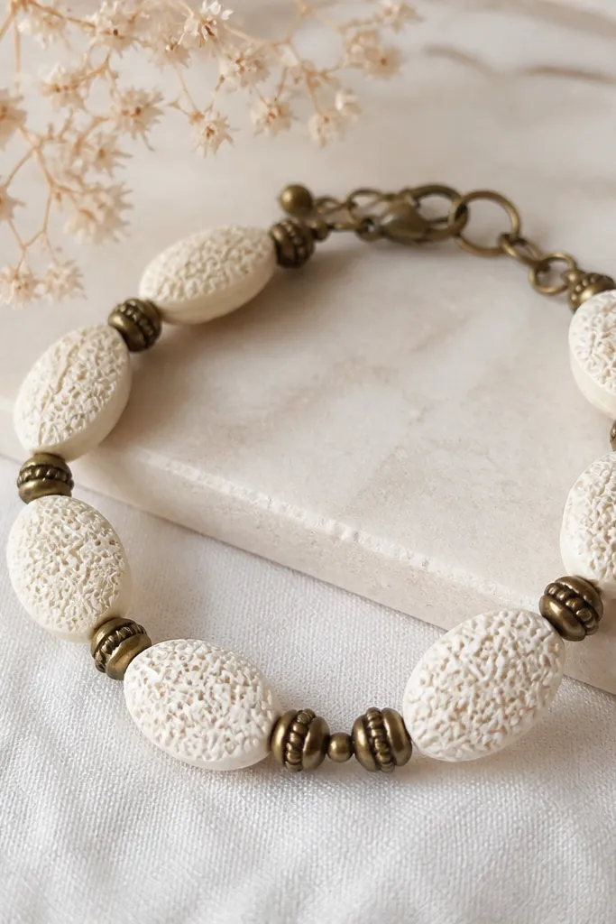 A bracelet with matte, textured oval beads. Each bead has a lace pattern pressed into it, with tiny floral ridges visible. The beads are a soft cream color, and antique brass spacer beads sit between them.