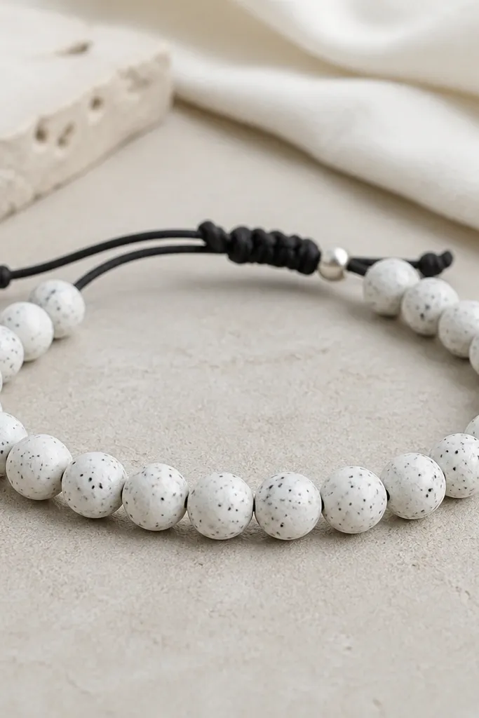 A minimal bracelet with round beads. Each bead is mostly matte white with scattered tiny black and gray dots, like peppered paint. The bracelet uses thin black thread and has one small silver spacer bead near the clasp.