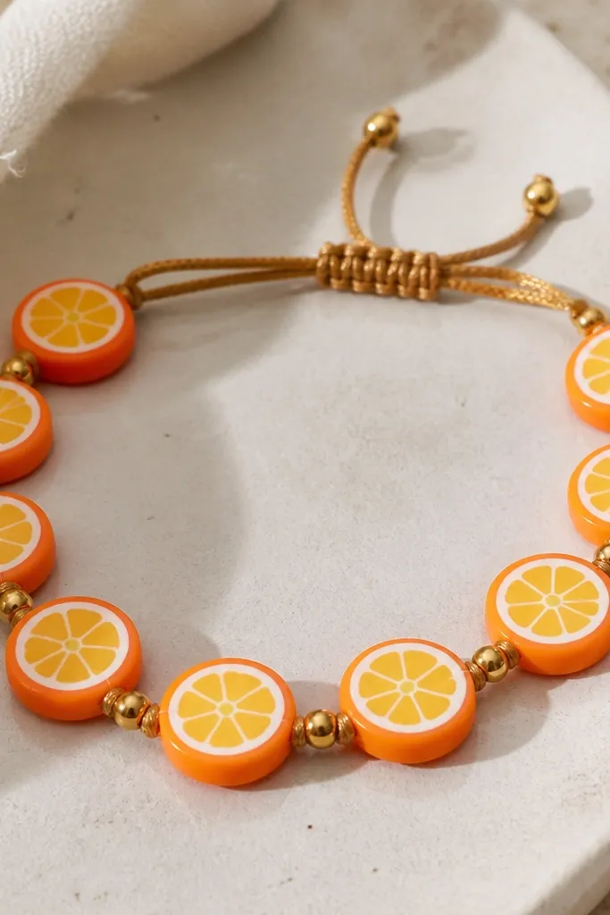 Flat, rounded beads that look like tiny orange slices. The beads have a ring of bright orange with a pale yellow center and a thin white border. They're strung in a bracelet with gold-colored spacer beads and a warm caramel cord.