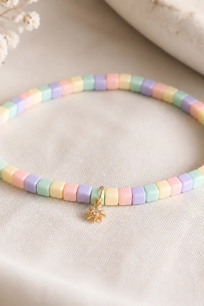 A bracelet made of small cube beads in pastel colors: mint, lavender, baby pink, and pale yellow. The cubes are evenly sized and the bracelet has a single tiny charm near the center.