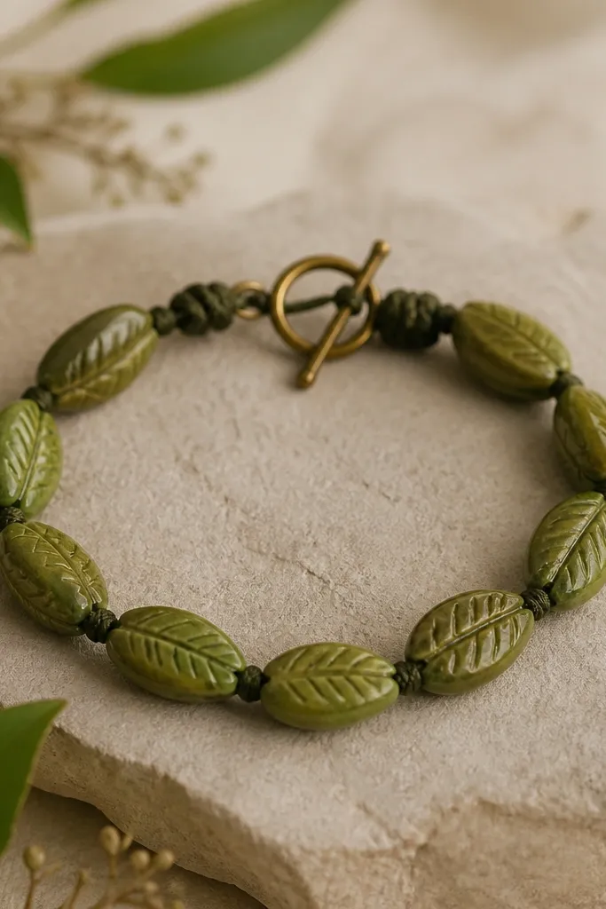 A nature-style bracelet with olive-green leaf-pattern beads. The beads are oval and textured with leaf veins. The closure is a small brass toggle, and the cord is dark olive.