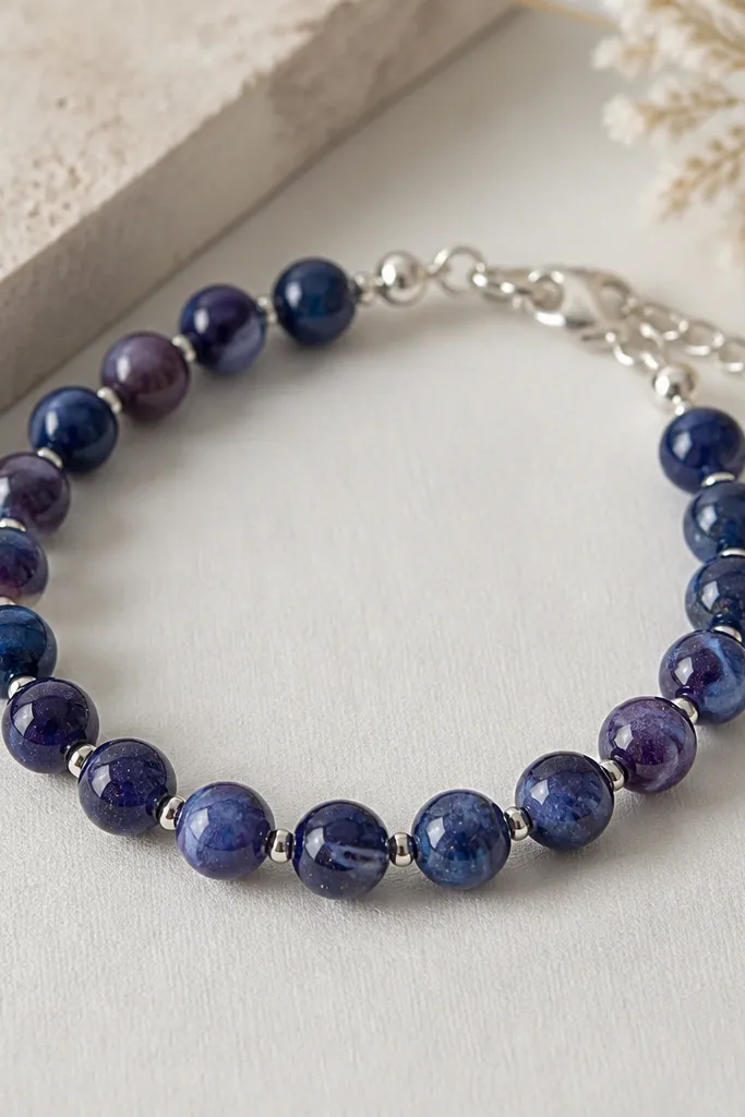 A bracelet with deep navy and purple beads that have swirling lighter streaks like space. The beads are round with tiny dot accents like stars. A silver chain extension at one end shows the bracelet length adjustment.