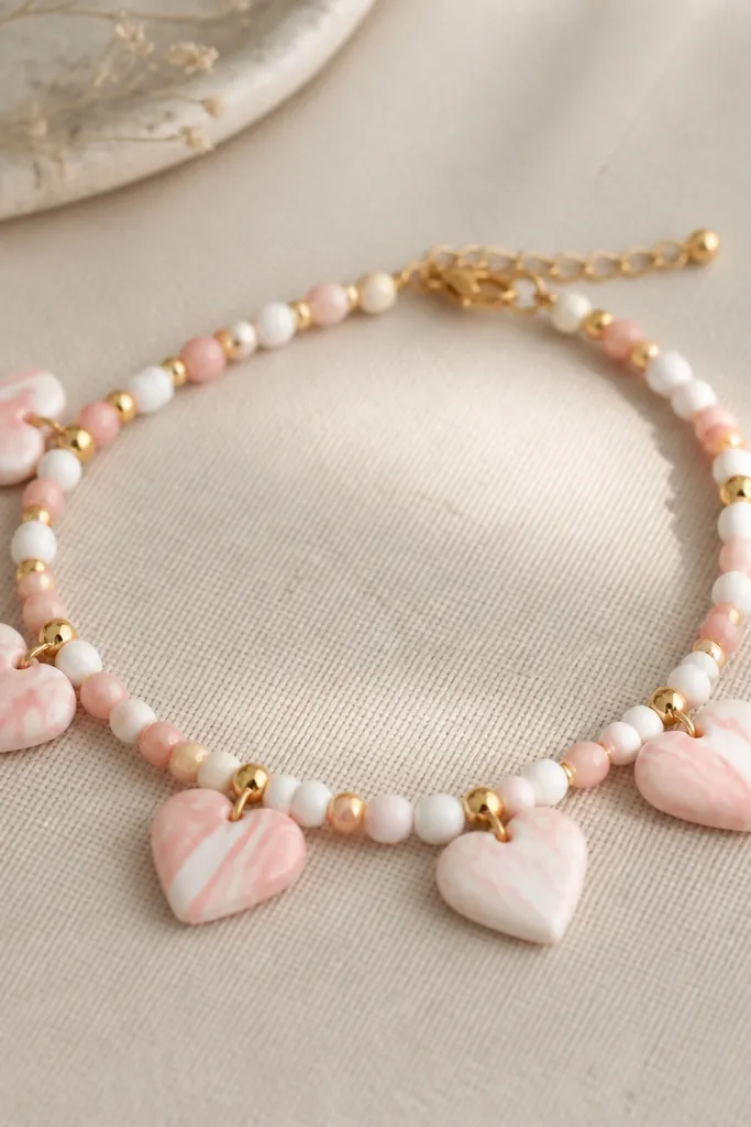 A bracelet with heart-shaped clay beads. The hearts are marbled with white and soft pink and have a tiny gold jump ring attached at the top. The rest of the bracelet has small round beads in matching colors.