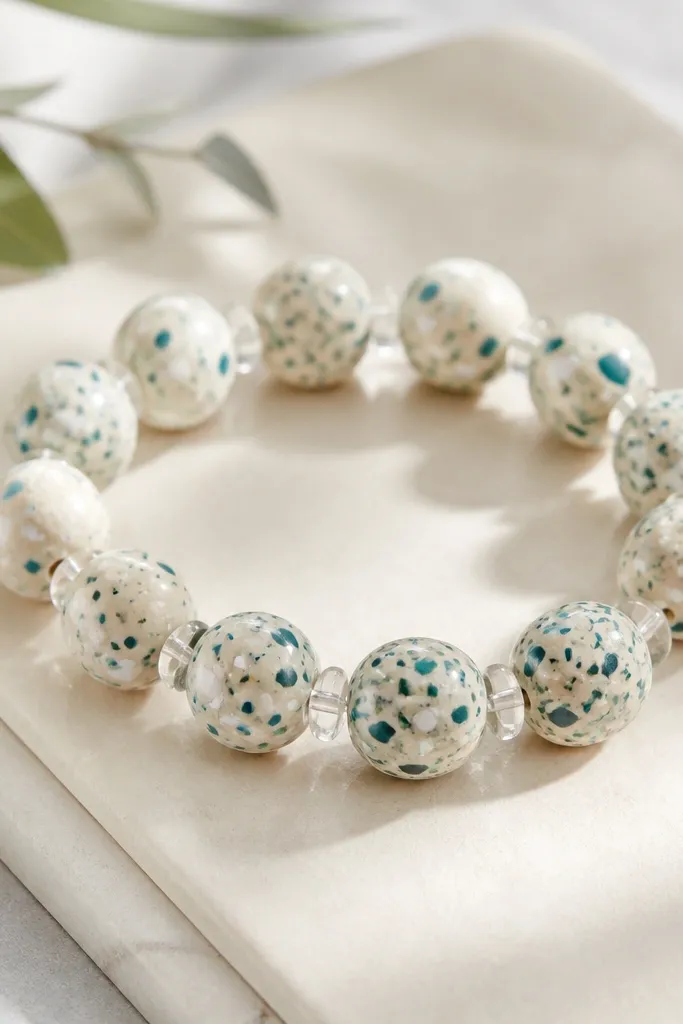 A bracelet with slightly irregular round beads. Each bead has teal and cream terrazzo speckles, plus a few tiny white chunks. Between beads are clear acrylic spacers that catch light.