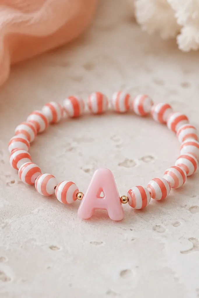 A bracelet with one larger focal bead shaped like a letter. The letter bead is in light pink with a glossy finish. Surrounding beads are small striped rounds in white and coral. The letter bead sits in the center of the bracelet.