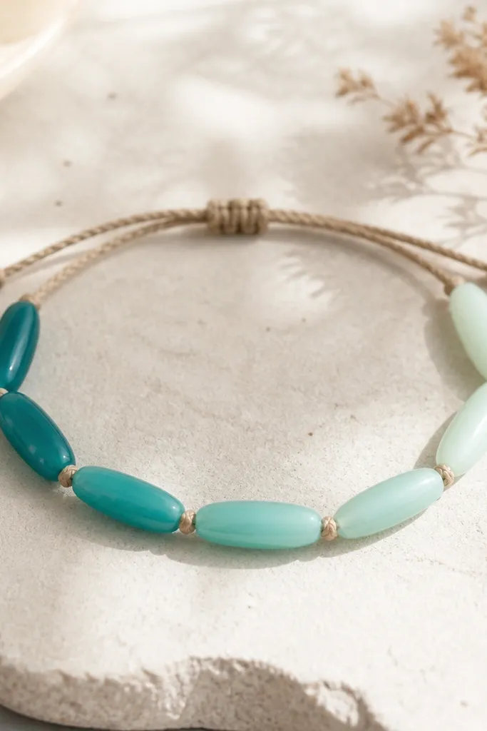 A bracelet with elongated beads in smooth ombre from deep teal to pale aqua. The beads are evenly spaced and the closure is a braided cord with a sliding knot.