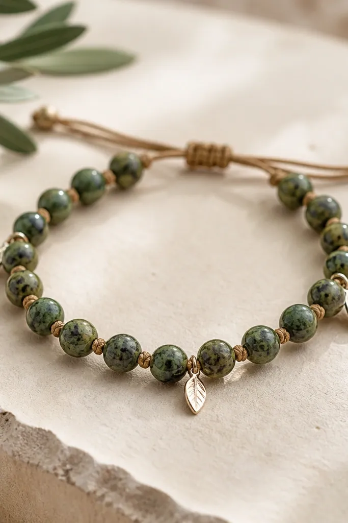 A bracelet with green speckled round beads and a few tiny metal leaf charms attached at intervals. The cord is light brown, and the charms catch light like small highlights.