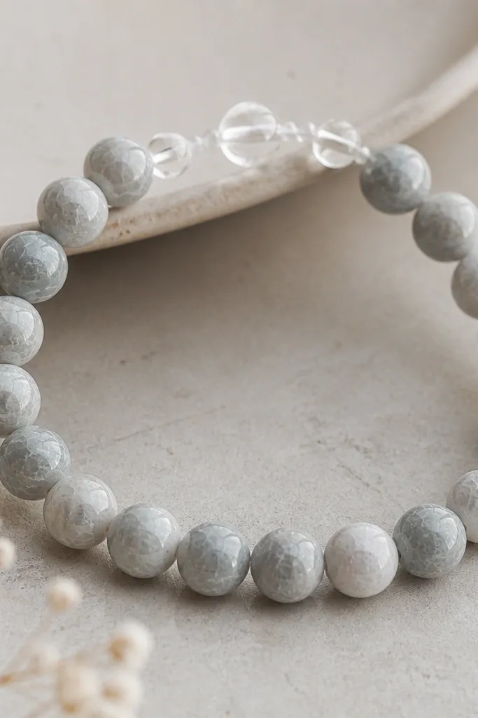 A bracelet with beads that have a crackled, porcelain-like surface in soft gray and white. The beads are round and the bracelet uses clear elastic with small stopper beads near the knot area.
