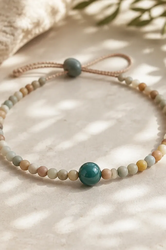 A bracelet with many small round beads in muted colors. In the middle sits one larger slider bead in glossy teal. The bracelet closure is a small cord loop with a slider piece.