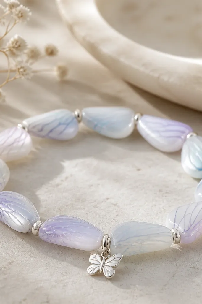 A bracelet with semi-oval beads that look like butterfly wings. The pearl white base has faint translucent color veining in light blue and pale lavender. The beads are separated by tiny silver spacers and one small butterfly charm.