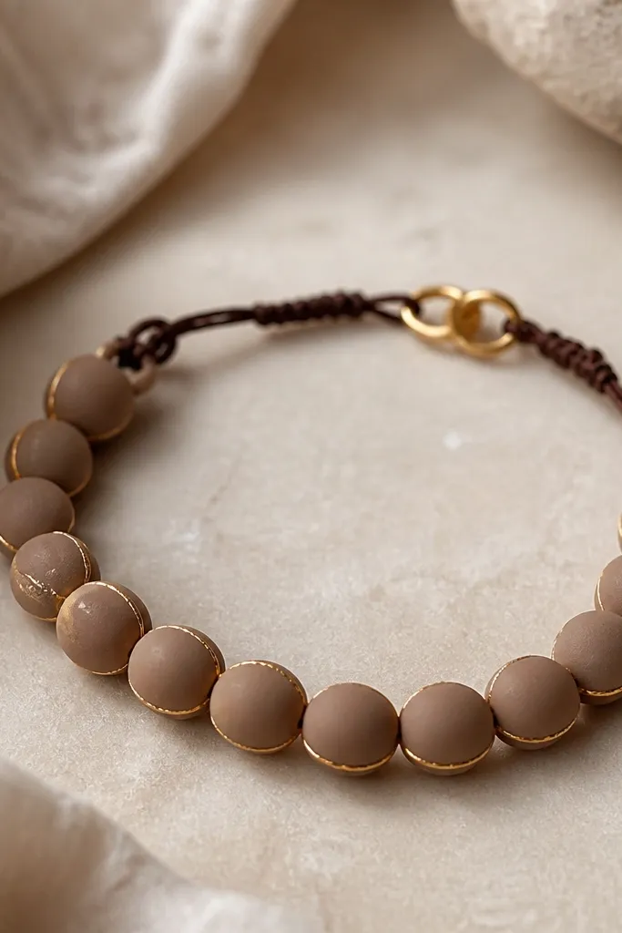 A bracelet with matte clay beads in warm taupe. The edges of each bead have thin gold foil rubbed onto them, creating a glowing border line. The bracelet uses thin dark brown cord and has one small gold clasp.
