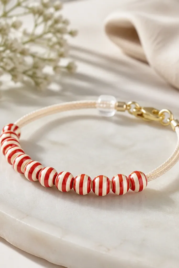 A bracelet with candy-striped beads in red and cream. A clear plastic slider spacer sits on the cord near the clasp, holding the pattern beads in place. The overall look is bright and clean.