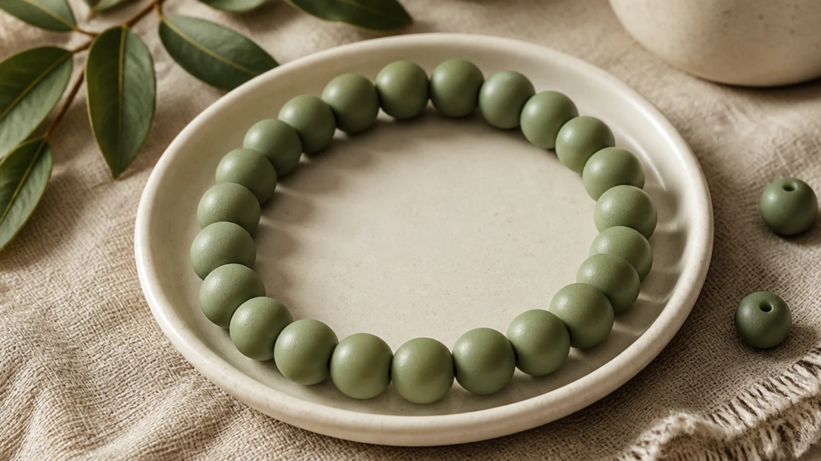 A clay bead bracelet in one solid soft sage color with an even, clean finish.