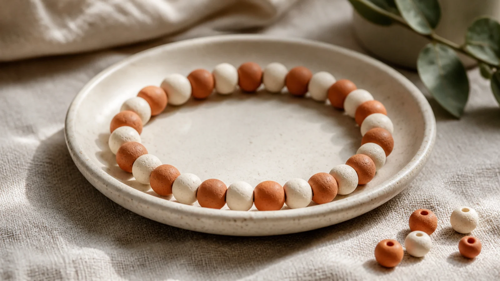 A clay bead bracelet alternating single cream and terracotta beads all the way around.