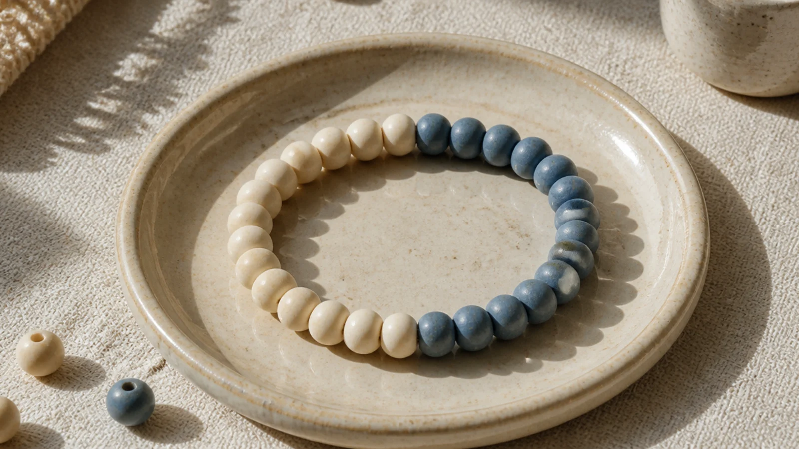 A clay bead bracelet split into two equal halves, one cream and one dusty blue.