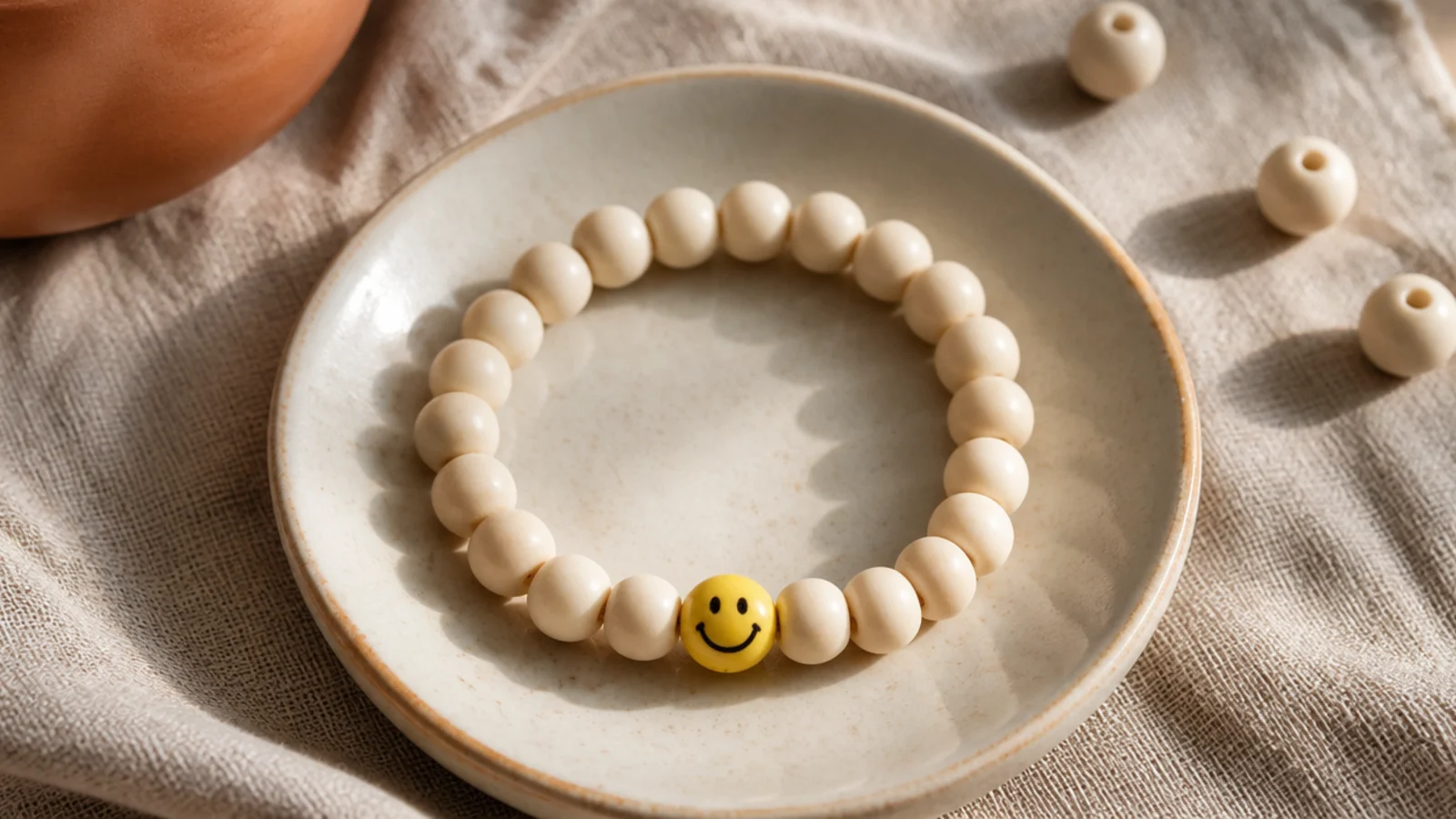 A cream clay bead bracelet with one yellow smiley-face bead centered on the front.
